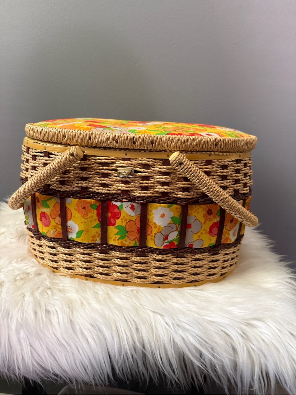 Woven Picnic Basket with Yellow Floral Fabric Lid - Unbranded